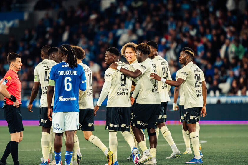 Action shot of AS Monaco players during the match against Strasbourg