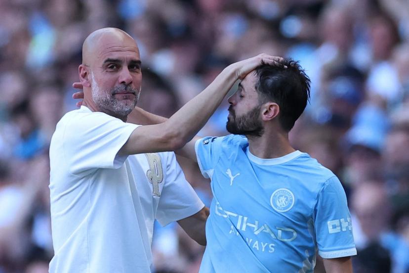Pep Guardiola shows visible emotion as Bernardo Silva is substituted, the player he has managed most frequently.