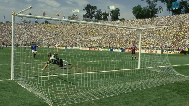 Roberto Baggio misses a penalty in the 1994 World Cup final