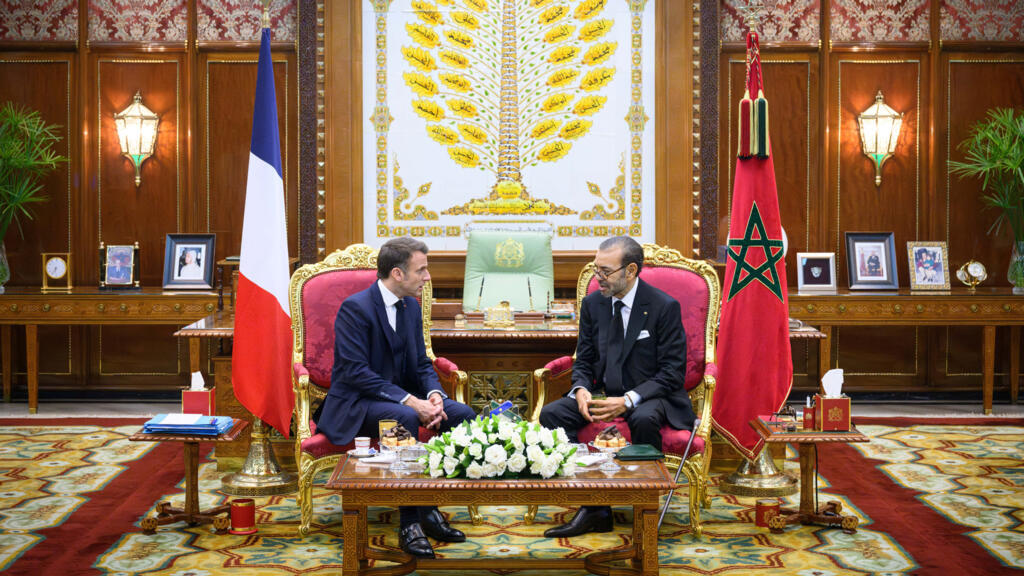 French President Emmanuel Macron greeted by Morocco's King Mohammed VI in Rabat, Morocco, October 28, 2024