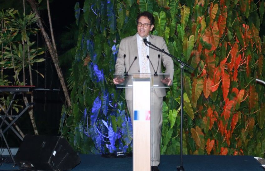 Ambassador Fabrice Mauriès delivering a speech in Libreville on July 14, 2026