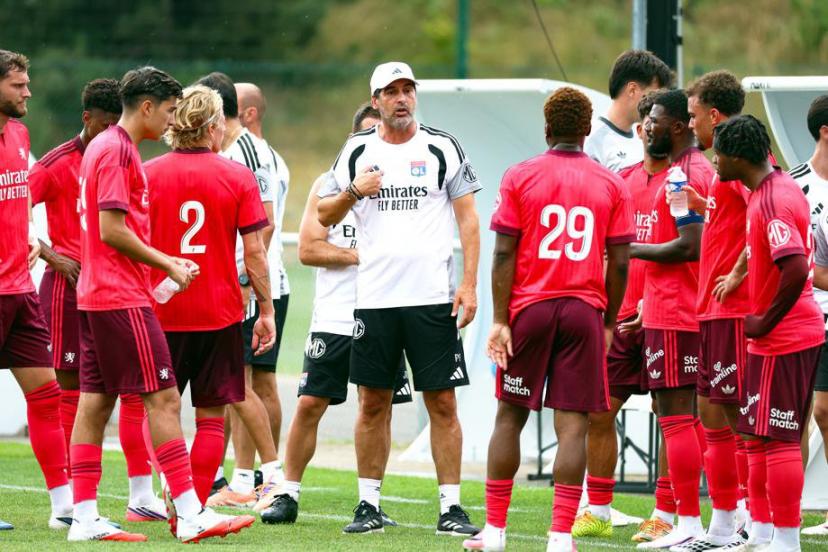 Paulo Fonseca and his players during the friendly match between Lyon and FC Saint-Gall (6-3) on July 11