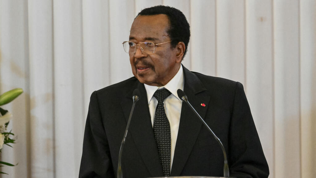 President Paul Biya of Cameroon delivering a speech alongside Pope Leo XIV at the presidential palace in Yaoundé during an 11-day apostolic visit to Africa on April 15, 2026.