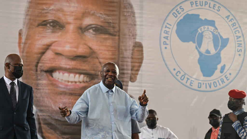 Former Ivorian president and PPA-CI leader Laurent Gbagbo (center) speaks during the closing ceremony of his party's first congress in Abidjan, May 15, 2026.